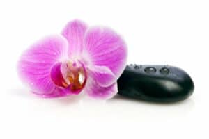 Pink orchid blossom and spa stone with waterdrops isolated on white.